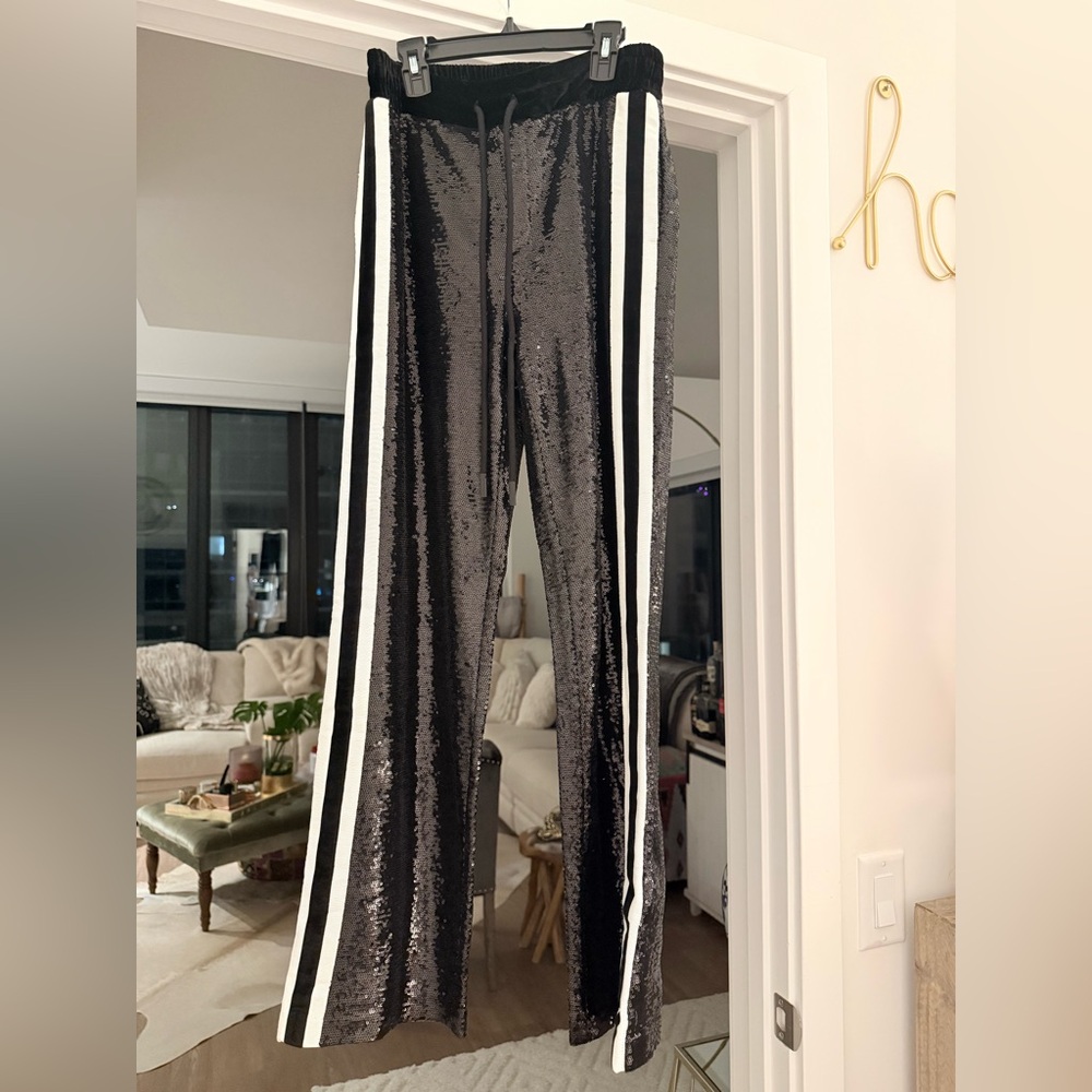 The Kooples Black Sequin Wide-Leg Pants with White Side Stripes. French size 2
